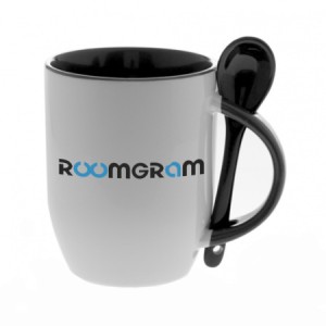 Black mug with spoon with Roomgram logo