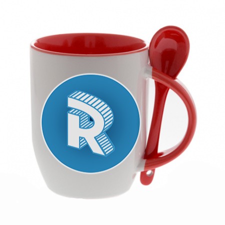 Red mug with a spoon with round logo Roomgram