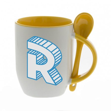 Yellow mug with a spoon with logo letter Roomgram