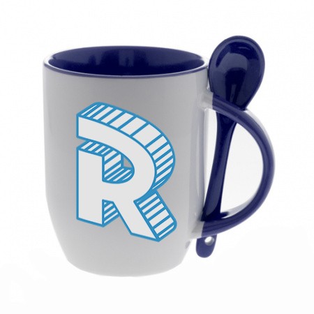 Blue mug with a spoon with logo letter Roomgram