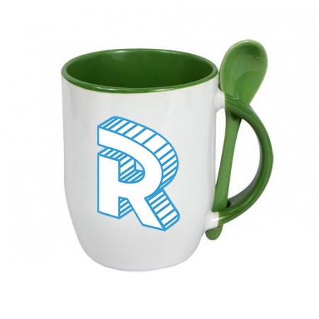 Green mug with a spoon with logo letter Roomgram