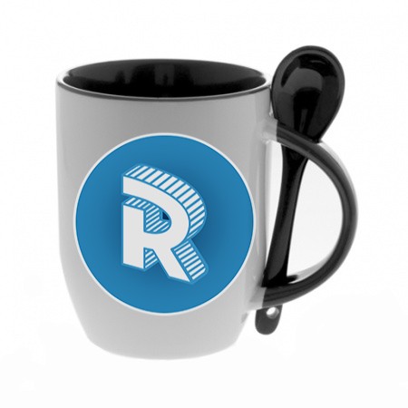 Black mug with spoon with round logo Roomgram