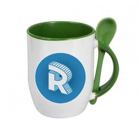 Green mug with a spoon with round logo Roomgram