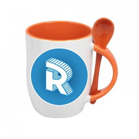 Orange mug with spoon with round logo Roomgram